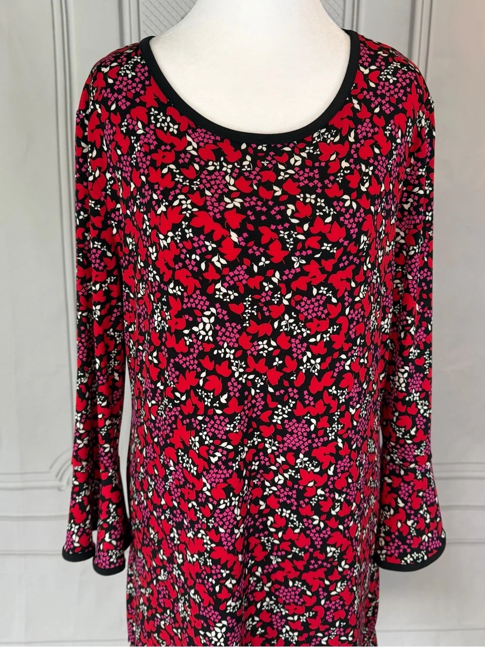 MICHAEL Michael Kors Red Floral Long Sleeve Shift Dress Sz L Black Trim Office